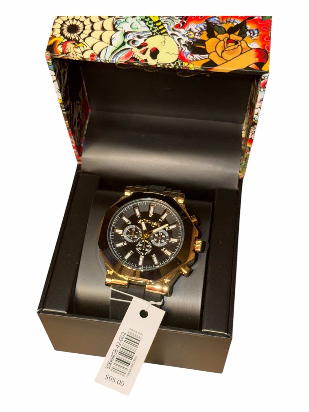 NWT Ed Hardy Men Gold Tone Chronograph Watch Black Silicone Strap